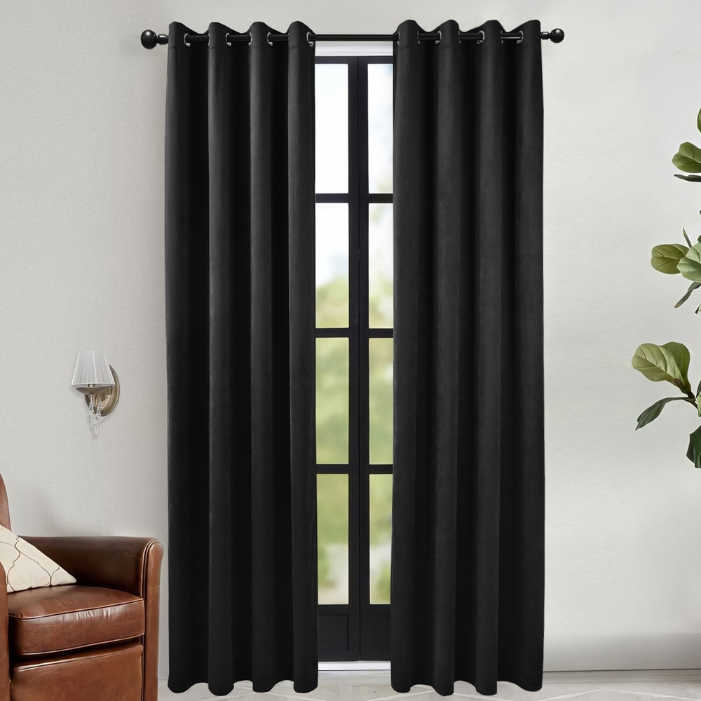 RIORIVA Home Black Velvet Curtain 84 Inches Long Rebaid